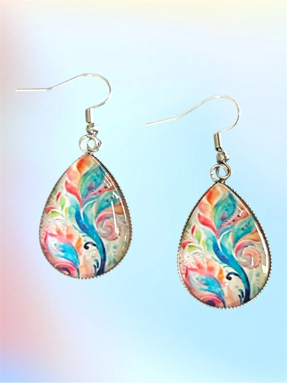 Vibrant Watercolor Abstract Floral Leaf Teardrop Cabochon Glass Earrings